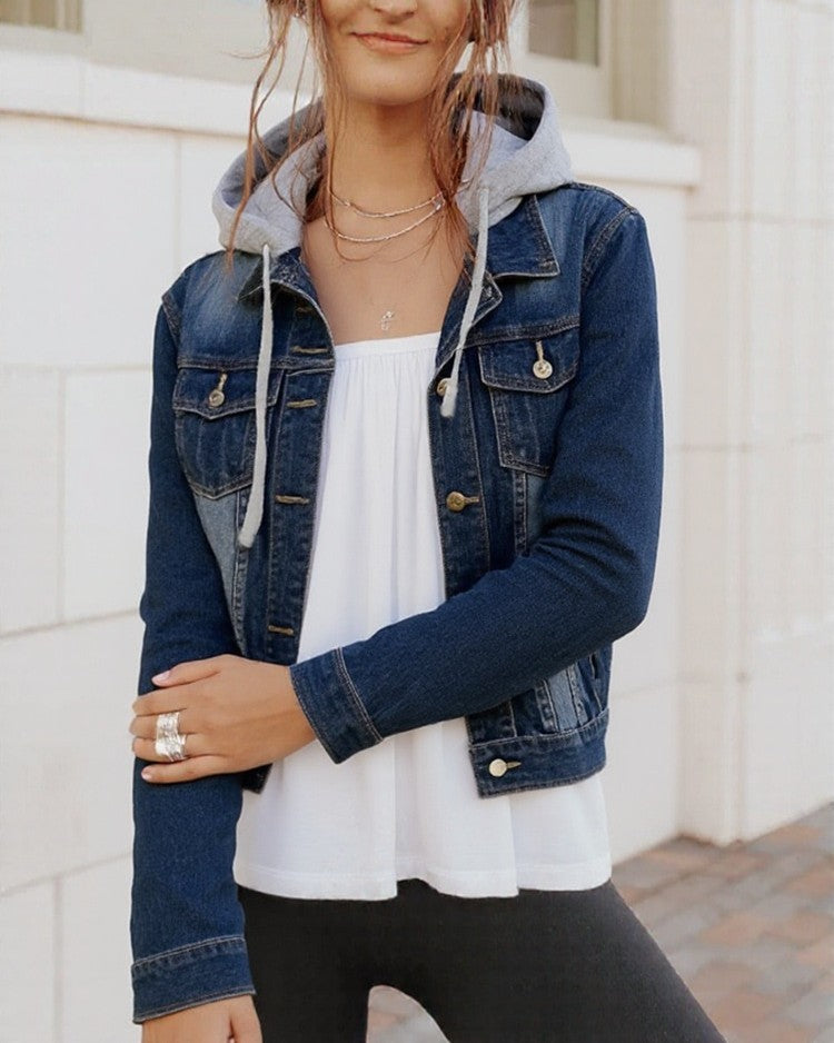 Jersey Hooded Cropped Denim Jacket - Dark-Blue
