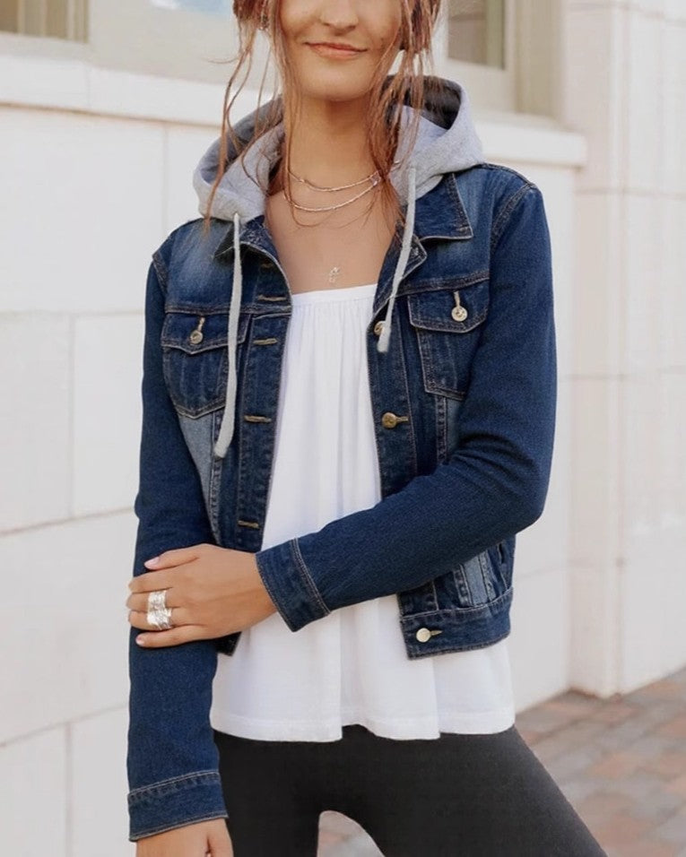 Jersey Hooded Cropped Denim Jacket - Dark-Blue - 1