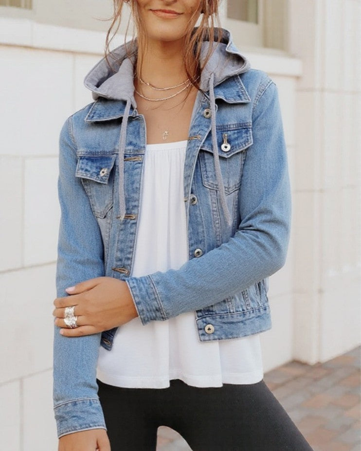 Jersey Hooded Cropped Denim Jacket - Light-Blue