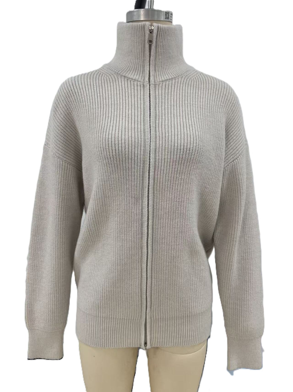 Double Zip Funnel Neck Knit Cardigan - Beige