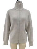 Double Zip Funnel Neck Knit Cardigan - Beige