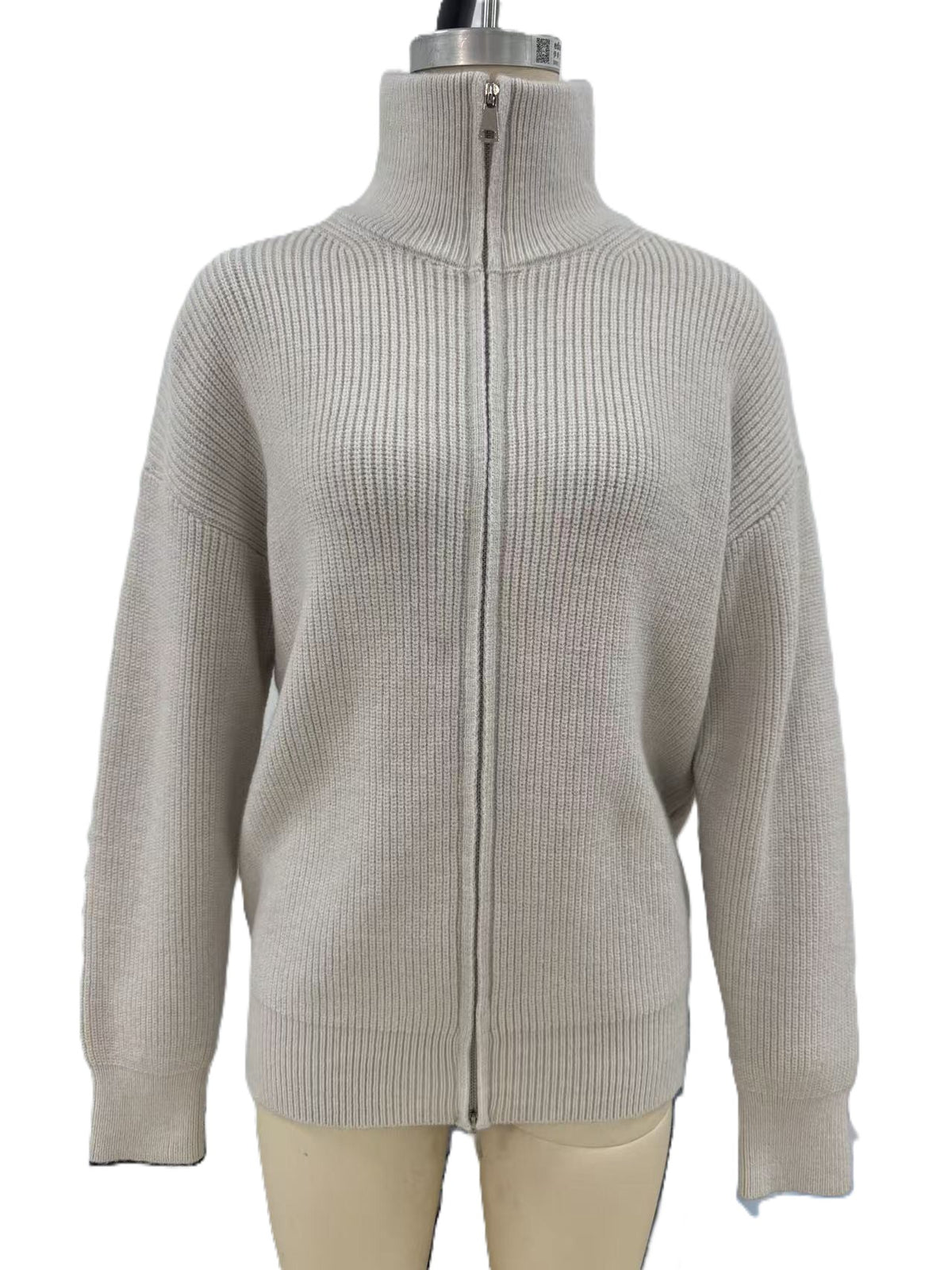 Double Zip Funnel Neck Knit Cardigan - Beige