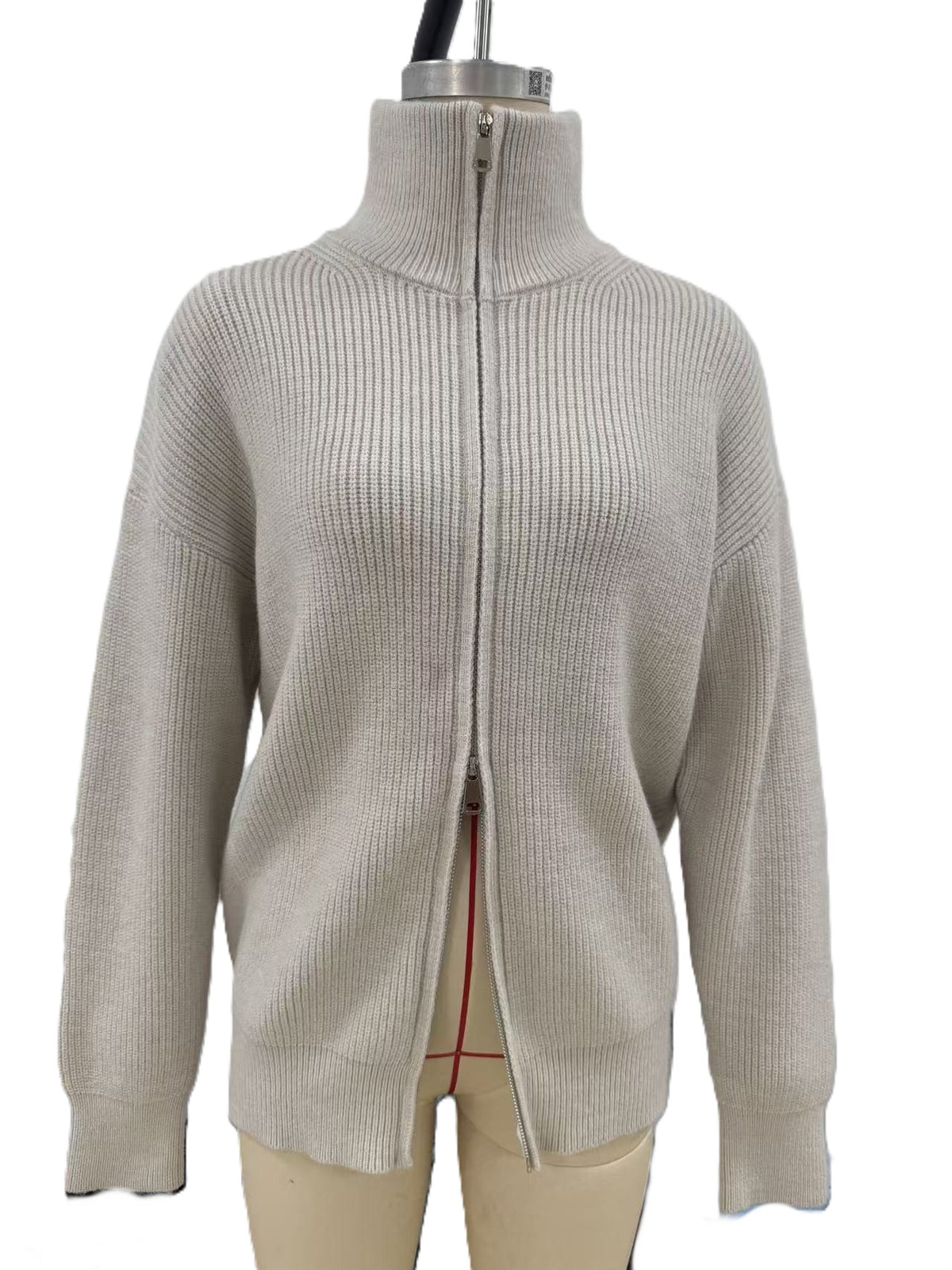 Double Zip Funnel Neck Knit Cardigan - Beige - 1