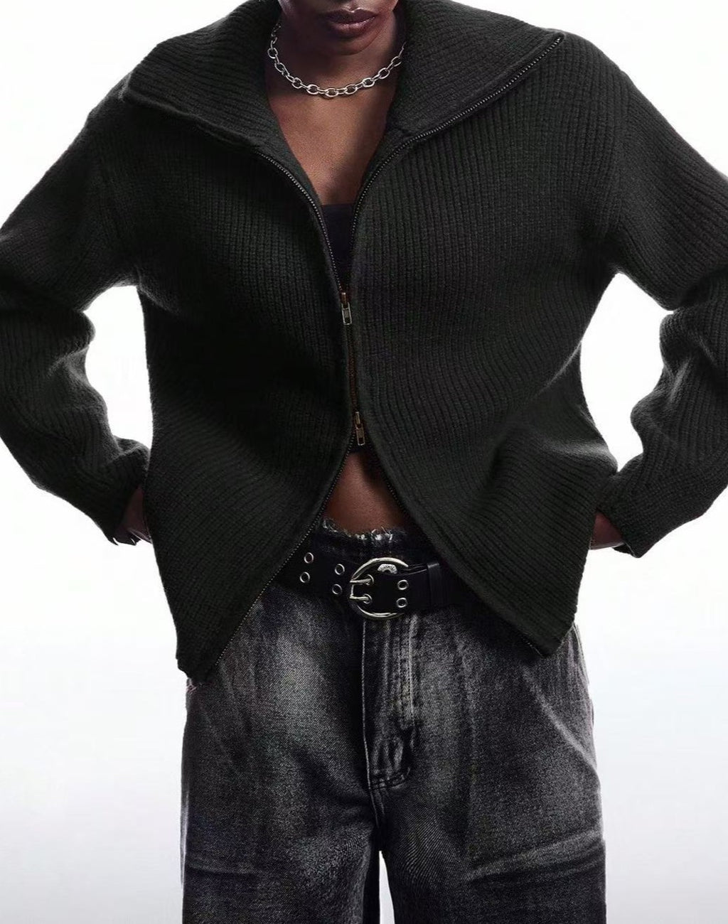 Double Zip Funnel Neck Knit Cardigan - Black