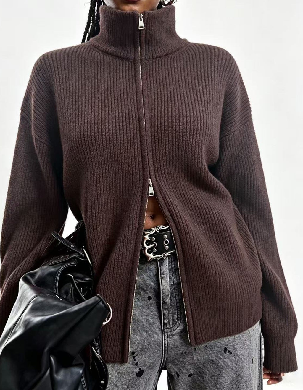 Double Zip Funnel Neck Knit Cardigan - Coffee