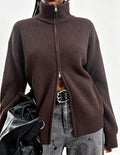 Double Zip Funnel Neck Knit Cardigan - Coffee
