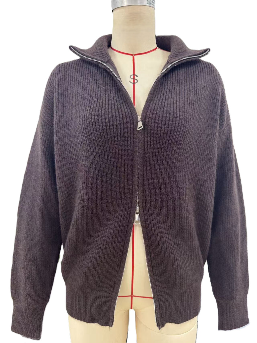 Double Zip Funnel Neck Knit Cardigan - Coffee - 1
