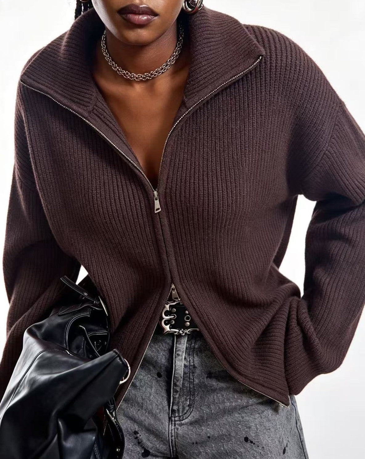 Double Zip Funnel Neck Knit Cardigan - Coffee - 3