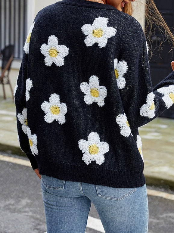 Daisy Jacquard V Neck Cardigan - Black - 1