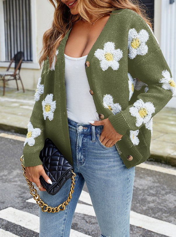 Daisy Jacquard V Neck Cardigan - Green