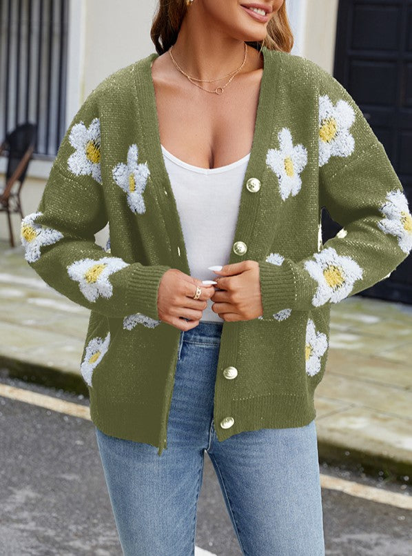 Daisy Jacquard V Neck Cardigan - Green - 1
