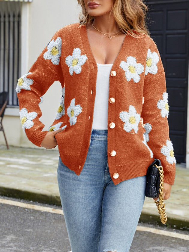 Daisy Jacquard V Neck Cardigan - Orange