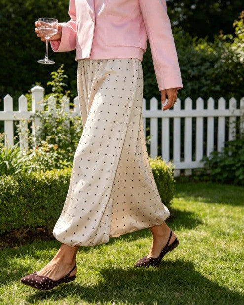 Polka Dot Satin Balloon Hem Trousers - Beige