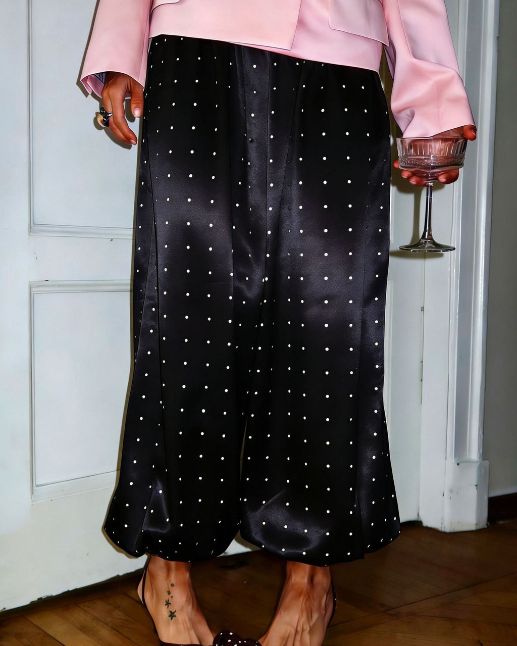 Polka Dot Satin Balloon Hem Trousers - Black