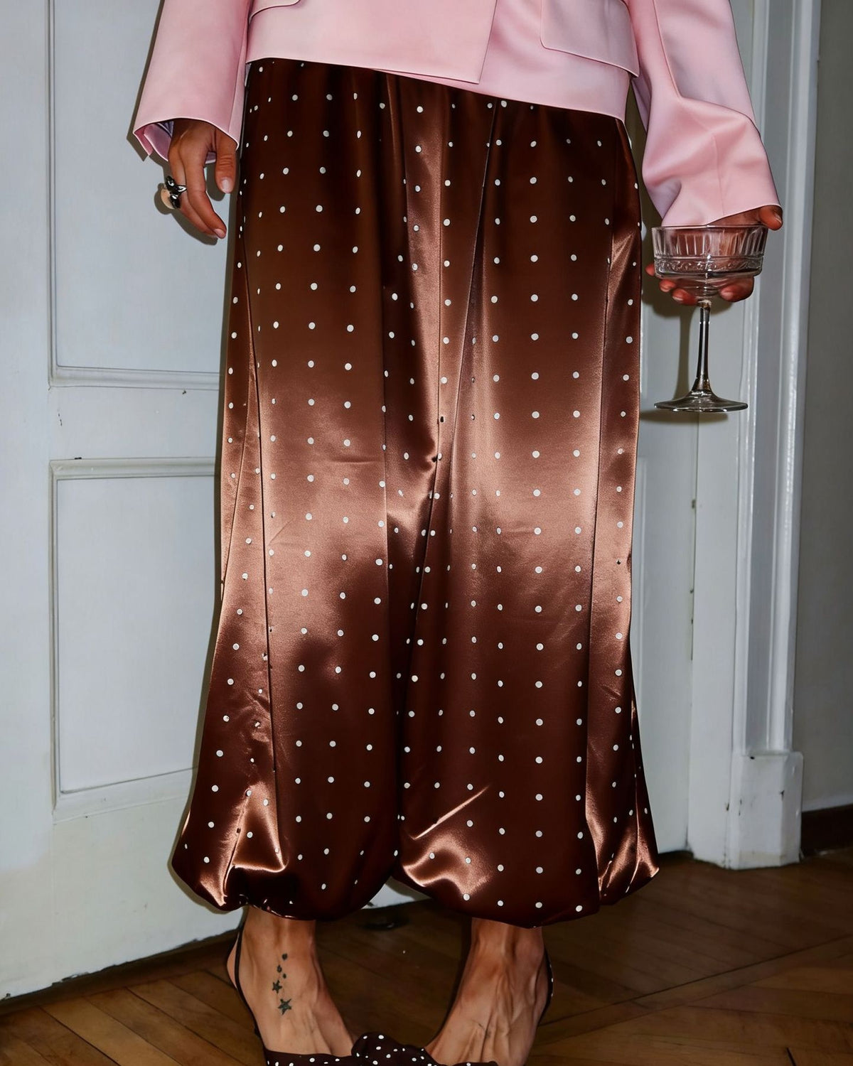 Polka Dot Satin Balloon Hem Trousers - Brown