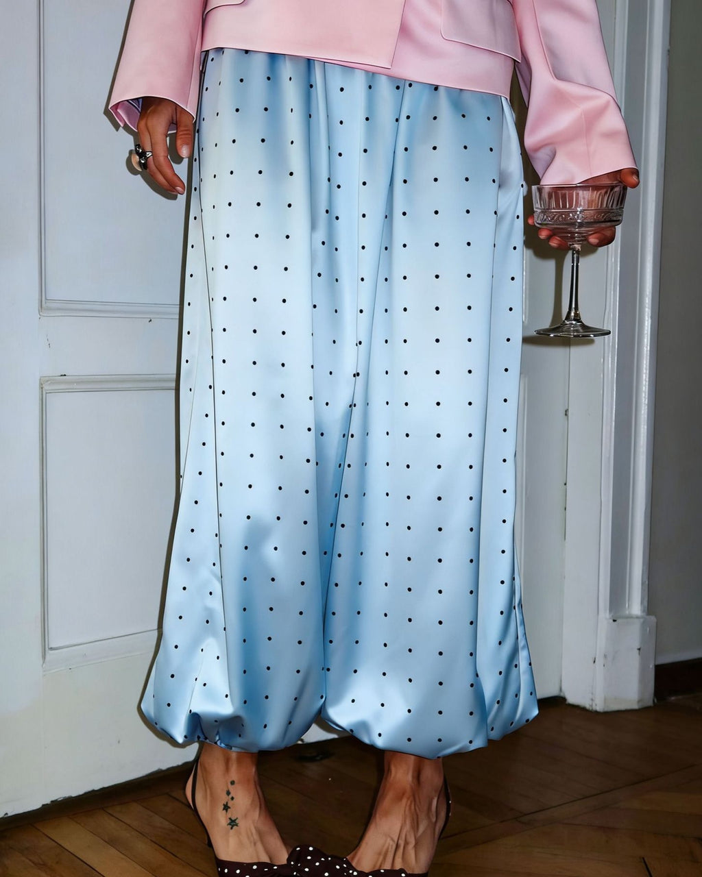 Polka Dot Satin Balloon Hem Trousers - Light-Blue