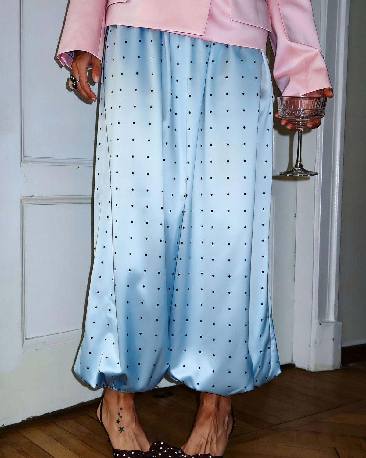 Polka Dot Satin Balloon Hem Trousers - Light-Blue