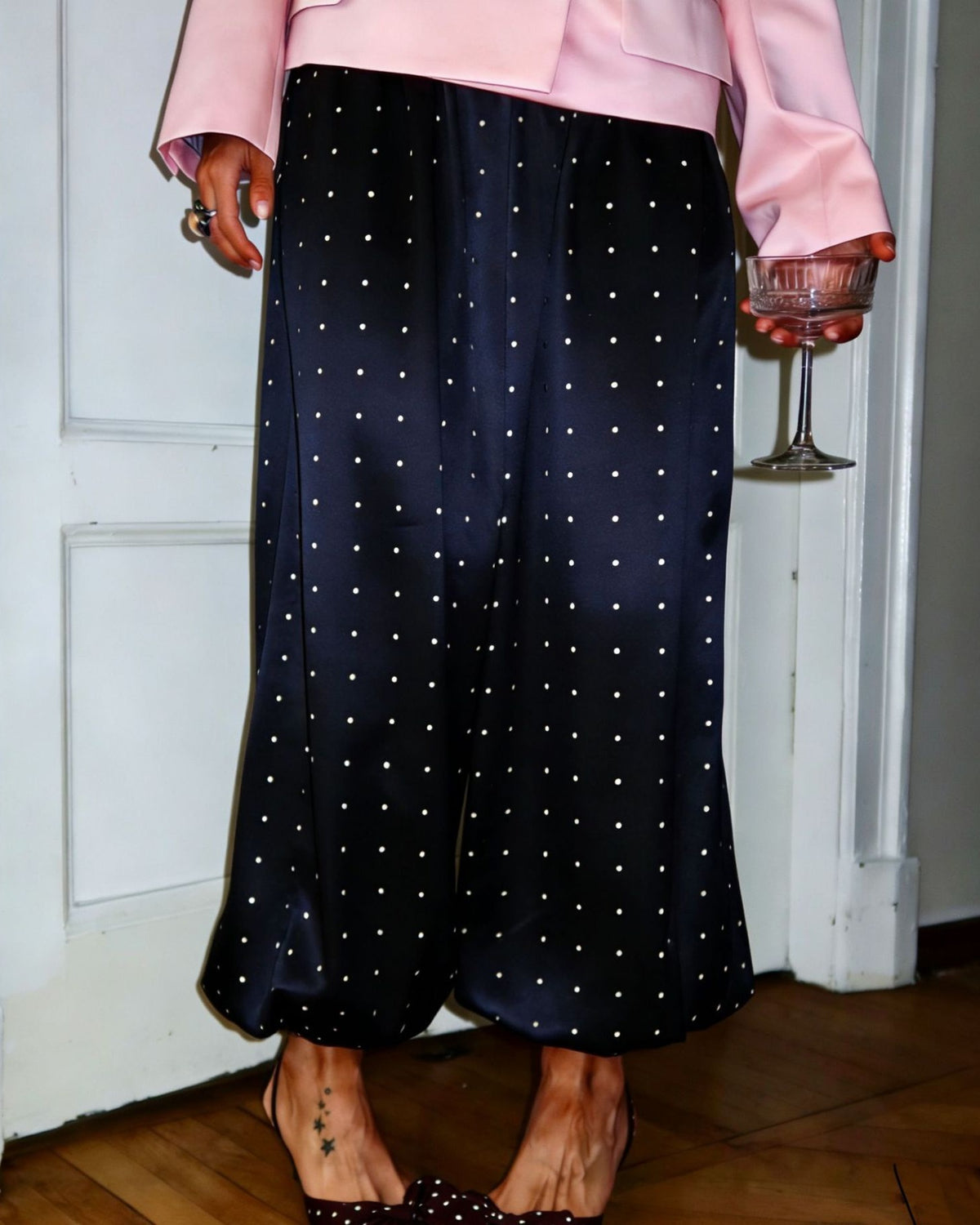 Polka Dot Satin Balloon Hem Trousers - TBlue