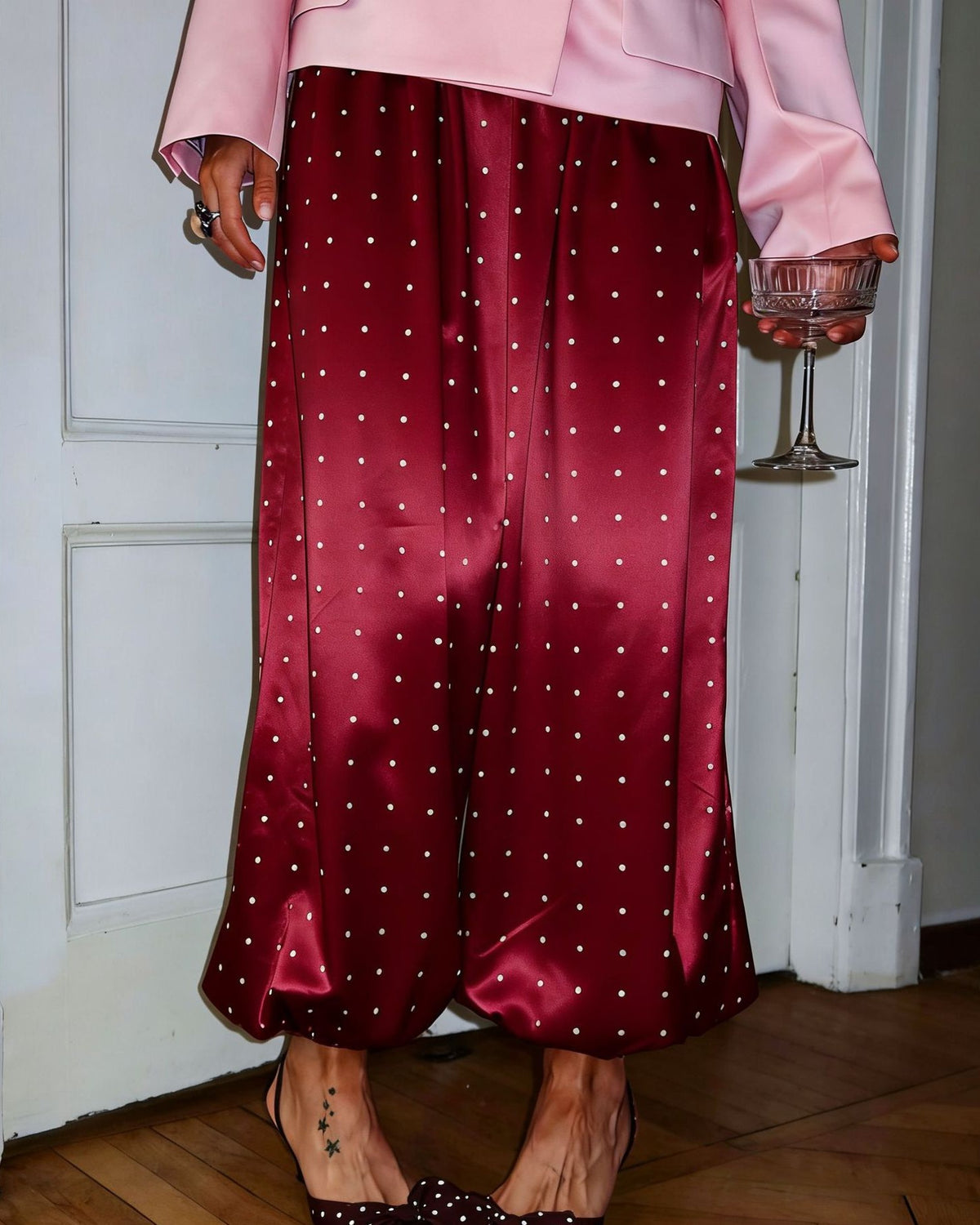 Polka Dot Satin Balloon Hem Trousers - Wine-Red