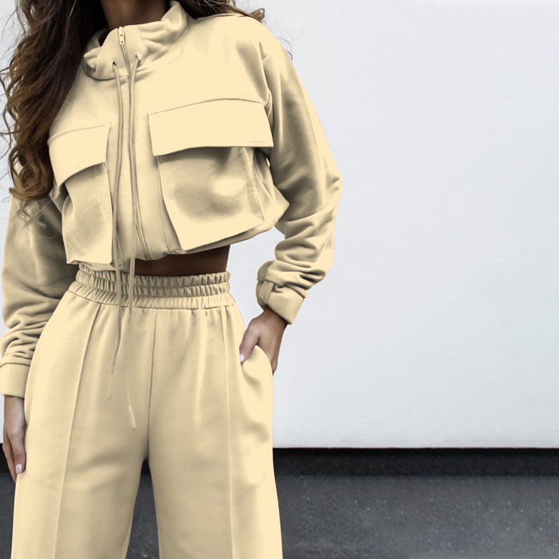 Flap Pocket Cropped Hoodie And Wide Leg Pant Set - Beige