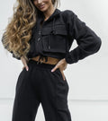 Flap Pocket Cropped Hoodie And Wide Leg Pant Set - Black