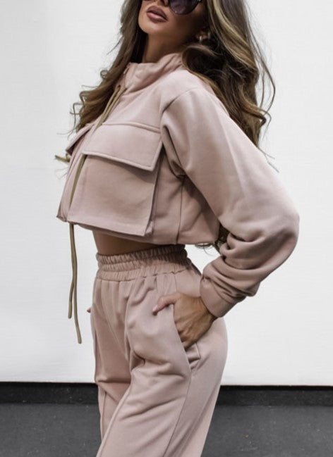 Flap Pocket Cropped Hoodie And Wide Leg Pant Set - Tan - 1