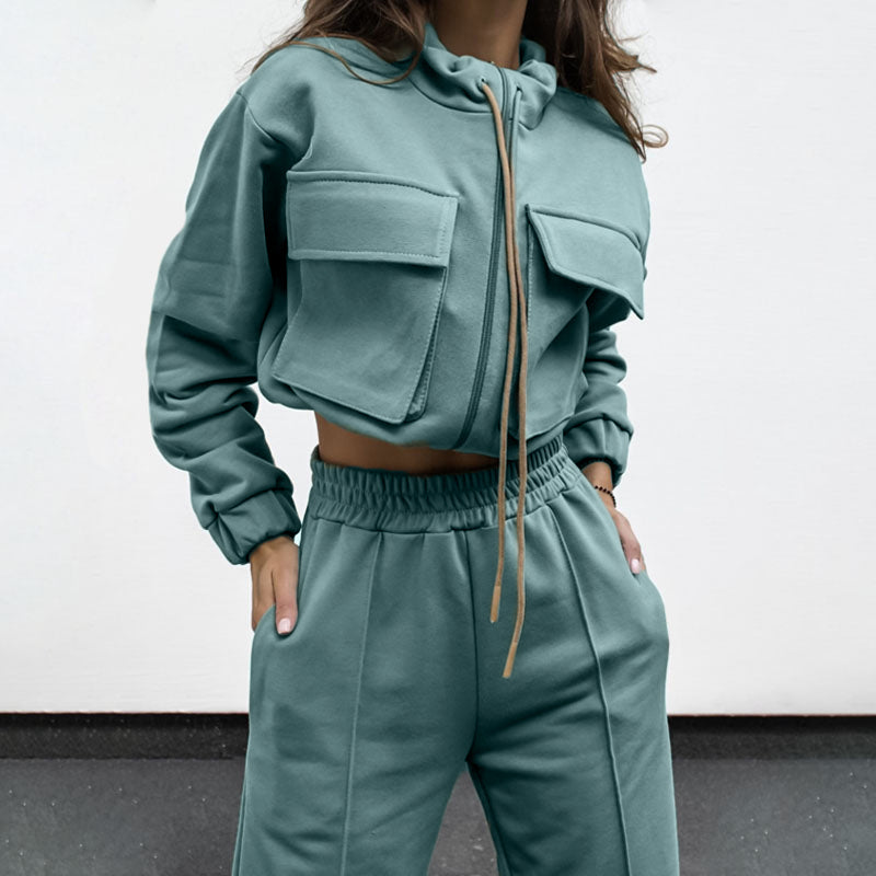 Flap Pocket Cropped Hoodie And Wide Leg Pant Set - sage