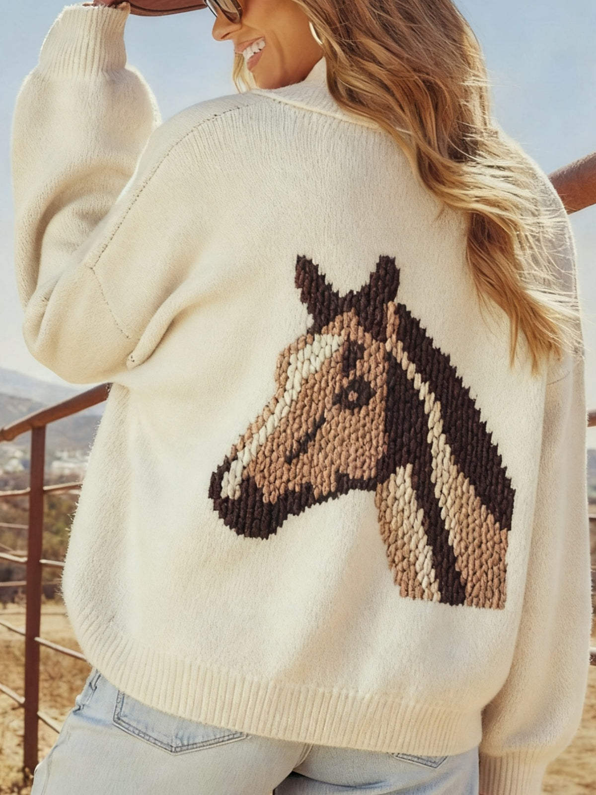 Horse Motif Button Front Knit Cardigan - White - 1