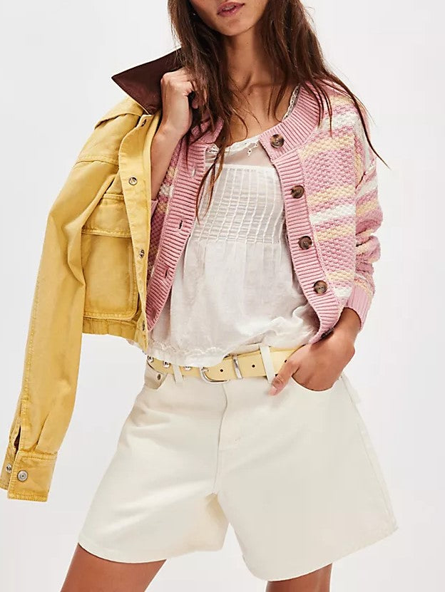 Striped Button Front Cropped Knit Cardigan - Pink - 1