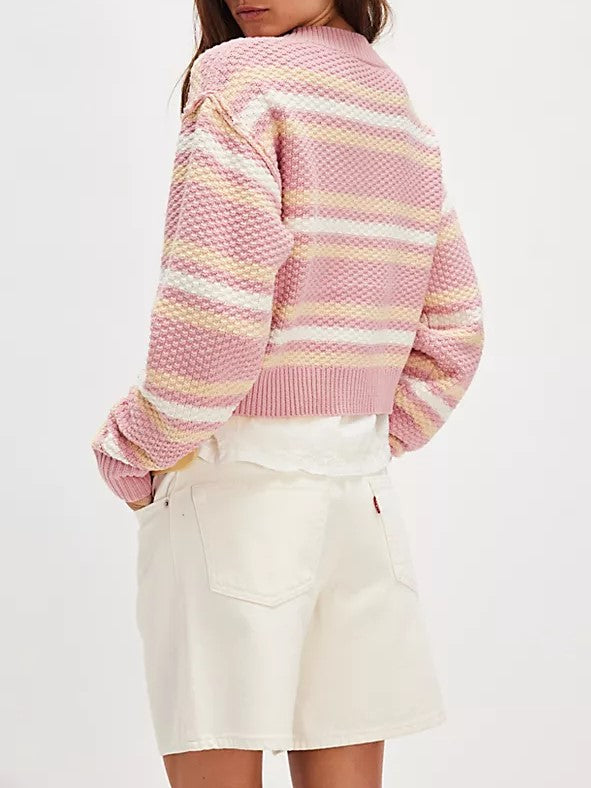 Striped Button Front Cropped Knit Cardigan - Pink - 2