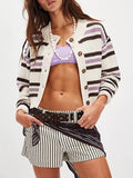 Striped Button Front Cropped Knit Cardigan - white