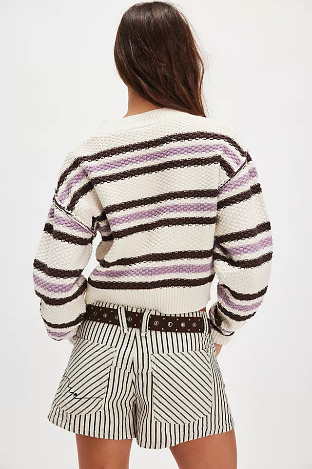Striped Button Front Cropped Knit Cardigan - white - 3