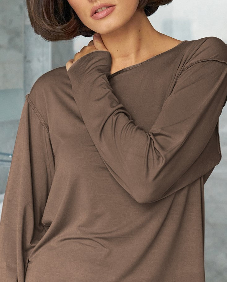 Soft Knit Boat Neck Lounge Set - Brown - 2