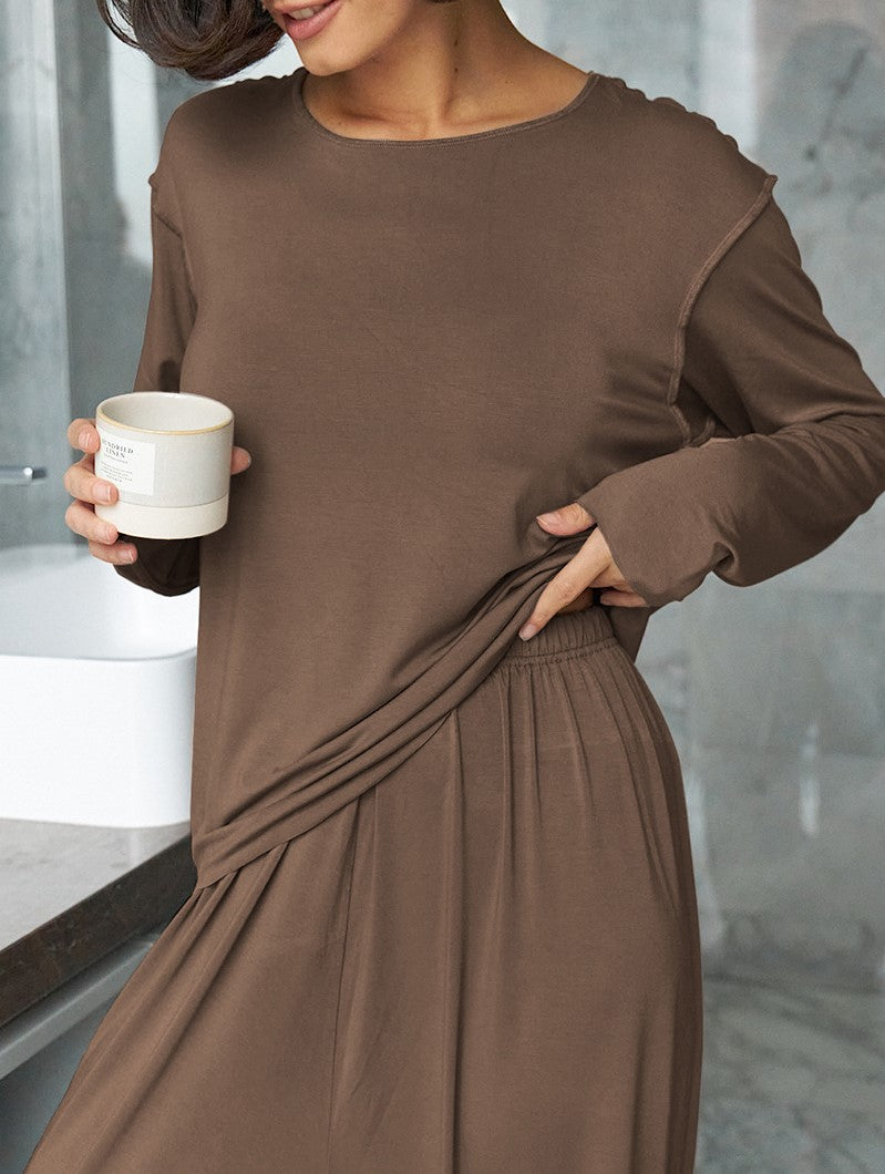 Soft Knit Boat Neck Lounge Set - Brown - 3