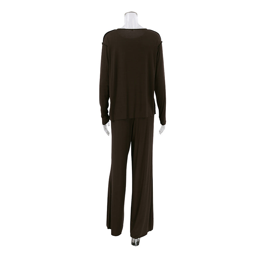Soft Knit Boat Neck Lounge Set - Brown - 6