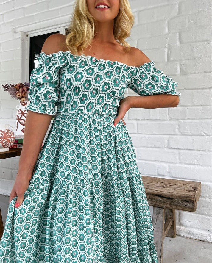 Shirred Off Shoulder Print Maxi Dress - Green - 1