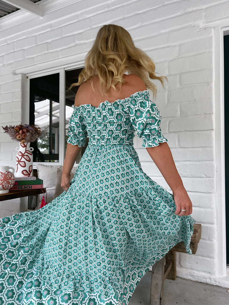 Shirred Off Shoulder Print Maxi Dress - Green - 2