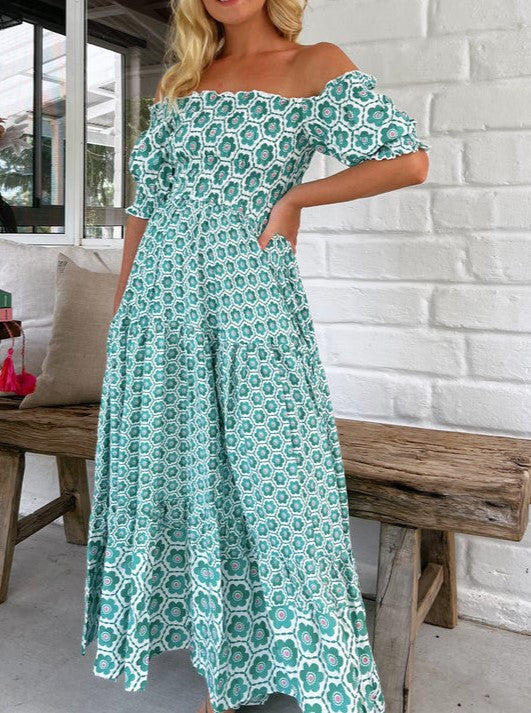 Shirred Off Shoulder Print Maxi Dress - Green - 5