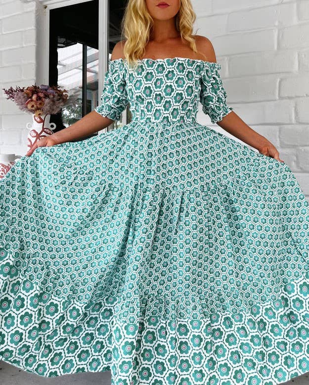 Shirred Off Shoulder Print Maxi Dress