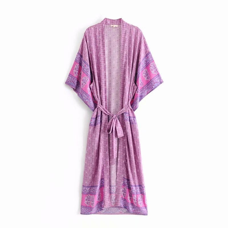 Boho Print Belted Kimono Robe - Purple