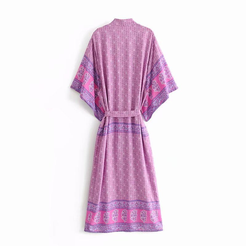 Boho Print Belted Kimono Robe - Purple - 1