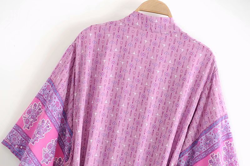 Boho Print Belted Kimono Robe - Purple - 3