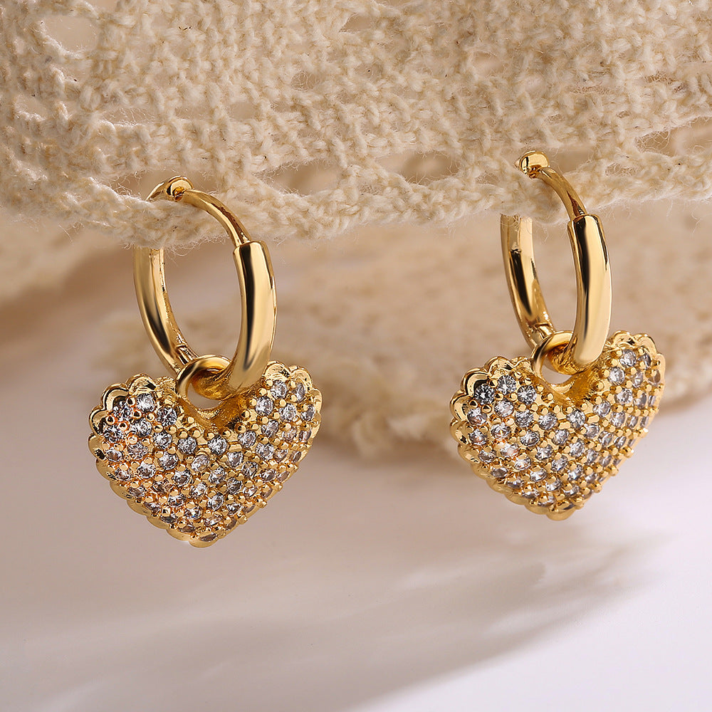 Pave Heart Charm Huggie Hoop Earrings - Color