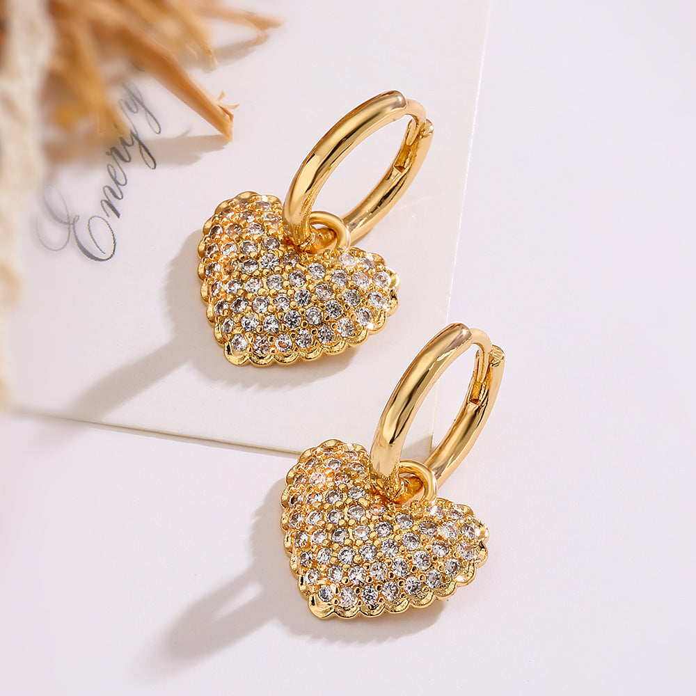 Pave Heart Charm Huggie Hoop Earrings - Color - 1