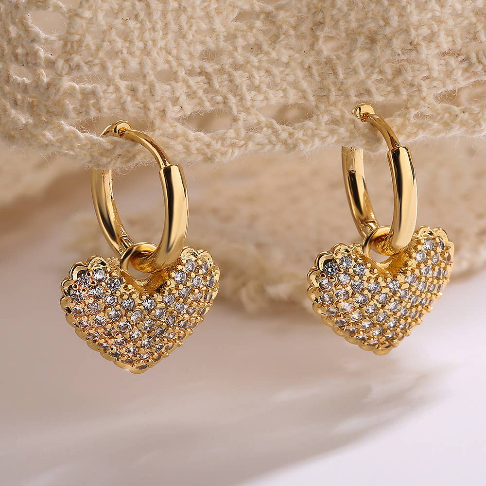 Pave Heart Charm Huggie Hoop Earrings