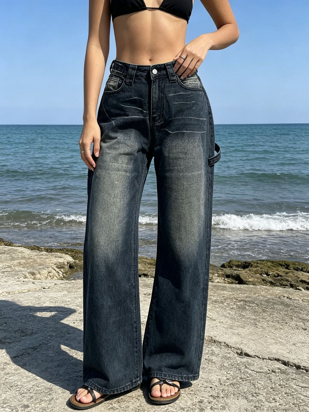 Vintage Wash Carpenter Wide Leg Jeans - Black