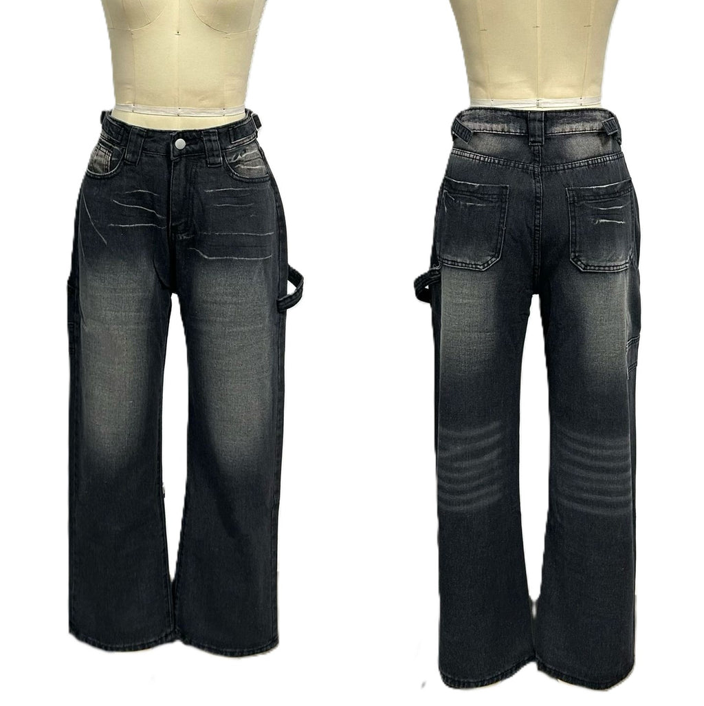 Vintage Wash Carpenter Wide Leg Jeans - Black - 1