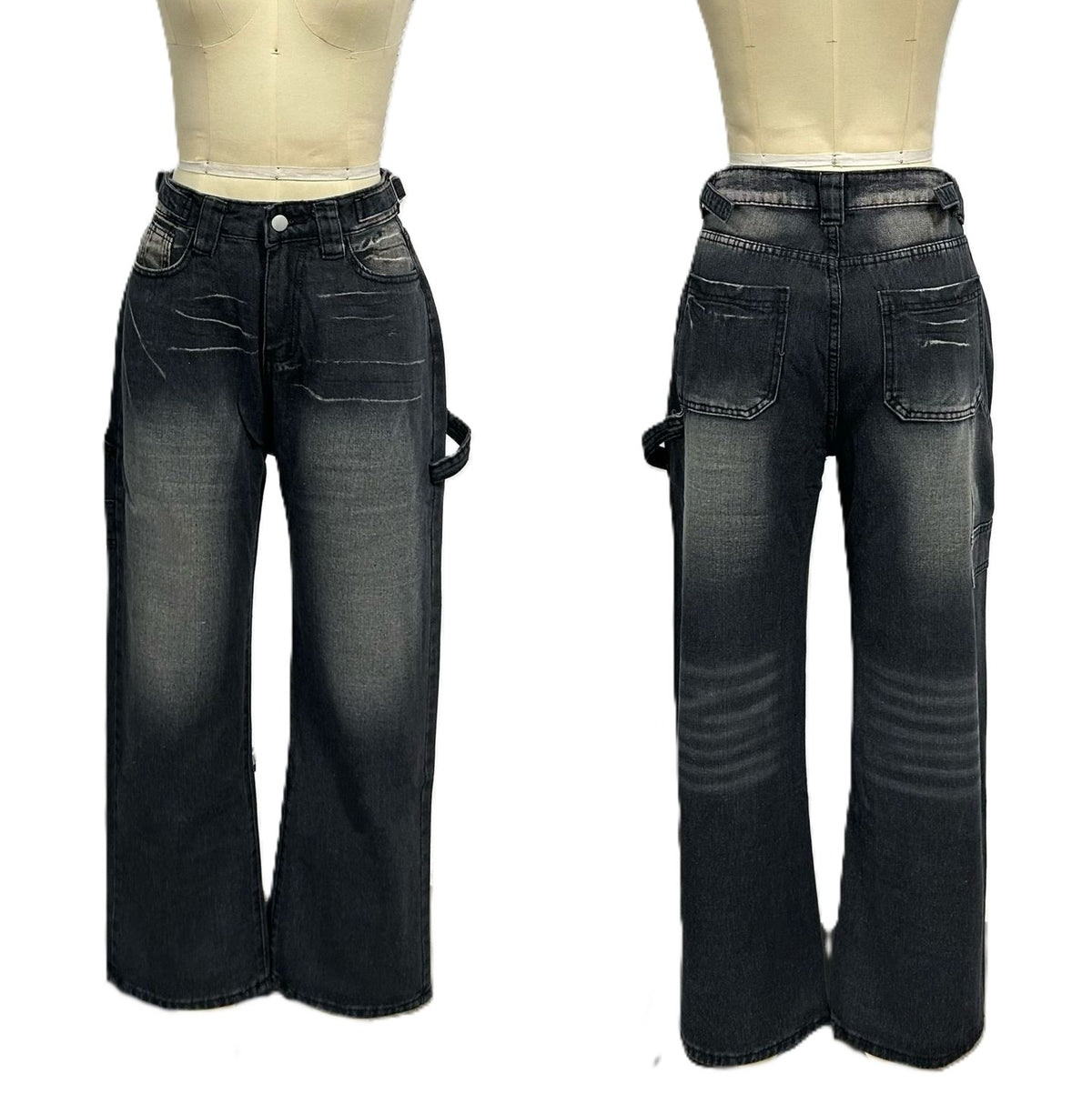 Vintage Wash Carpenter Wide Leg Jeans - Black - 1