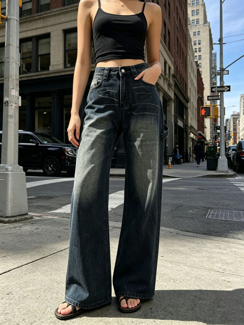 Vintage Wash Carpenter Wide Leg Jeans - Black - 2