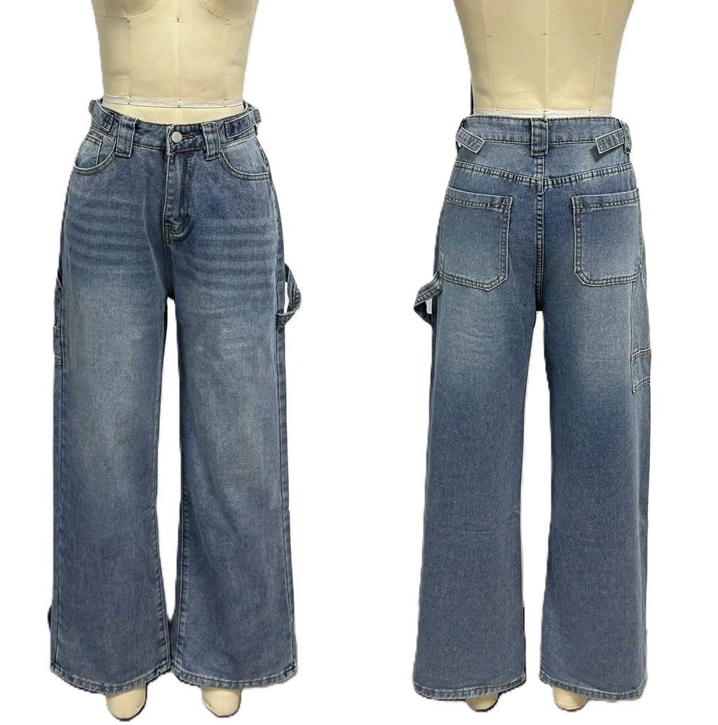 Vintage Wash Carpenter Wide Leg Jeans - Blue